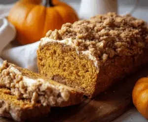 Delicious homemade pumpkin streusel bread topped with crunchy streusel and cinnamon, perfect for fall baking