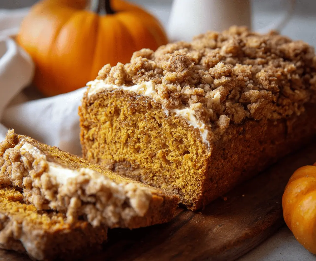 Delicious homemade pumpkin streusel bread topped with crunchy streusel and cinnamon, perfect for fall baking