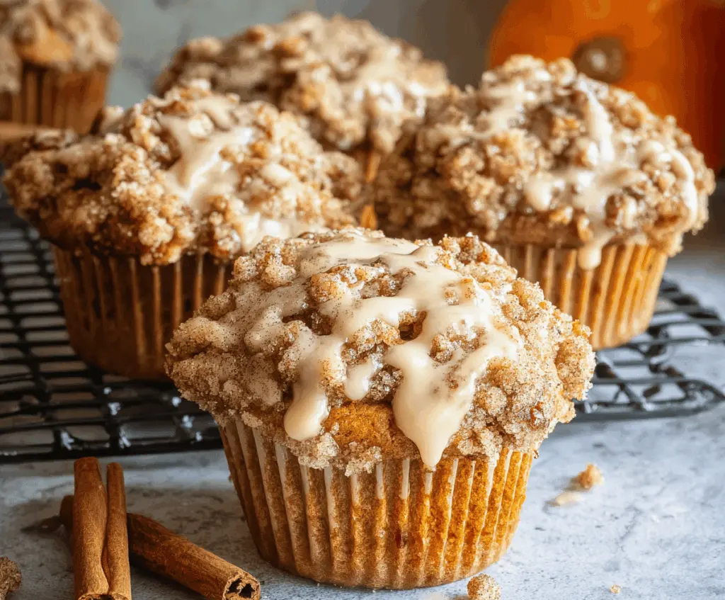 Delicious pumpkin streusel muffin topped with crumbly streusel and a sprinkle of cinnamon, perfect for fall breakfast or snack.