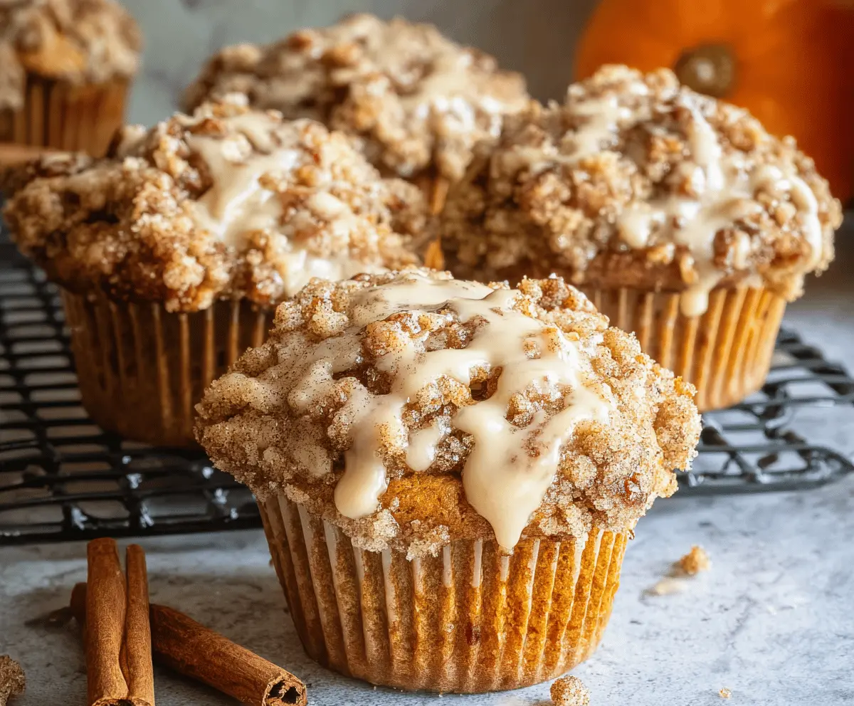 Delicious pumpkin streusel muffin topped with crumbly streusel and a sprinkle of cinnamon, perfect for fall breakfast or snack.