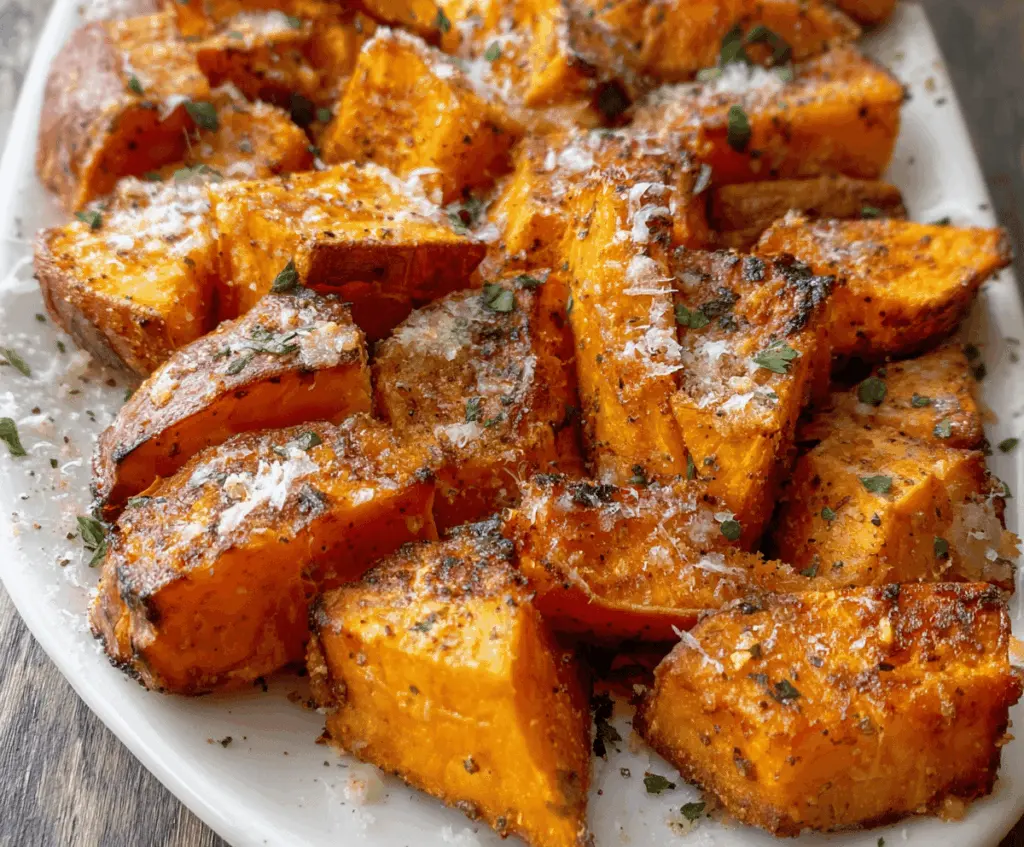 Roasted sweet potatoes topped with garlic and Parmesan cheese, served as a delicious and healthy side dish