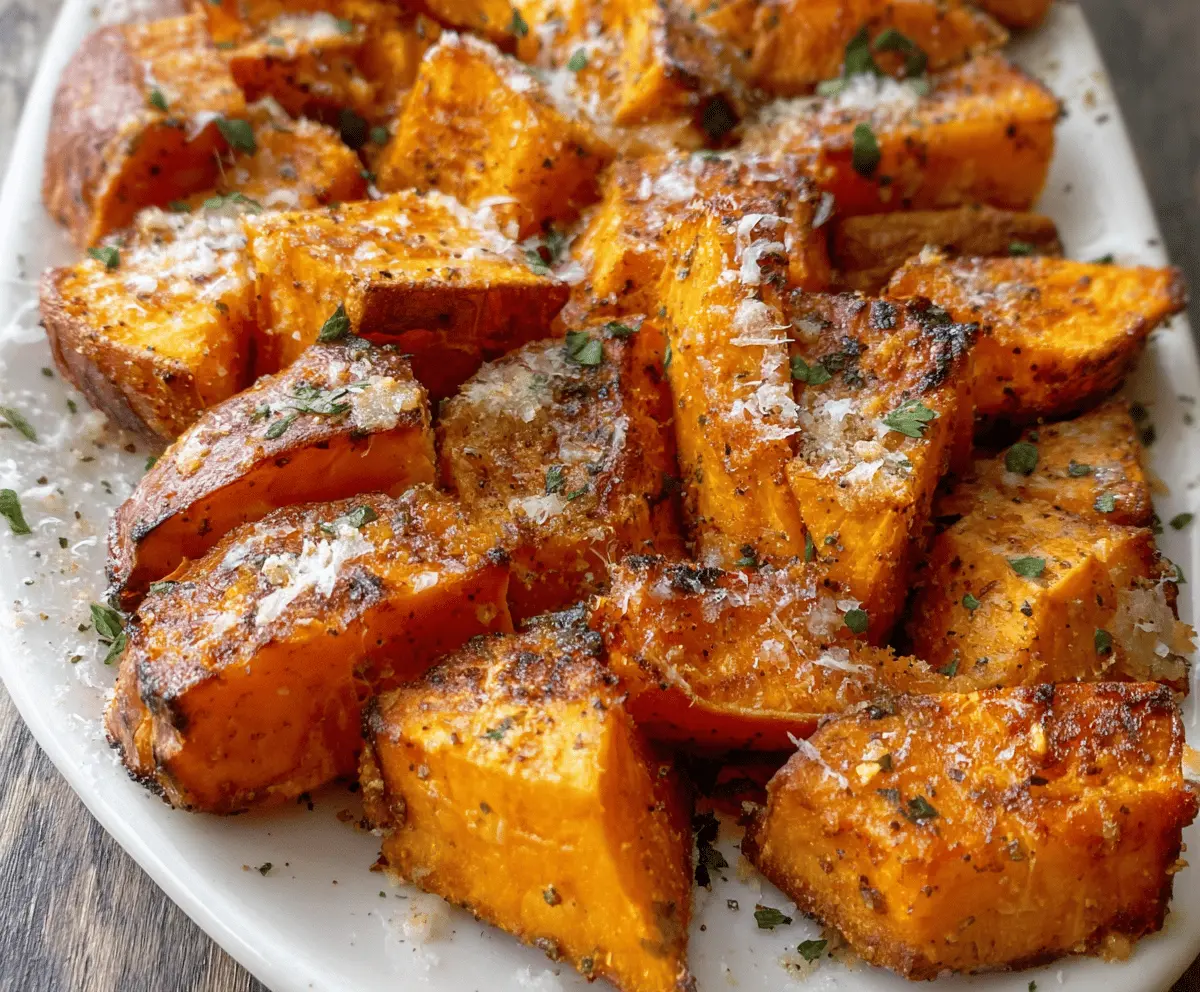 Roasted sweet potatoes topped with garlic and Parmesan cheese, served as a delicious and healthy side dish