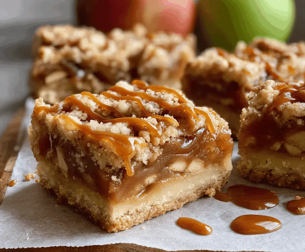 Delicious salted caramel apple bars with a golden crust and caramel topping, perfect for fall treats.