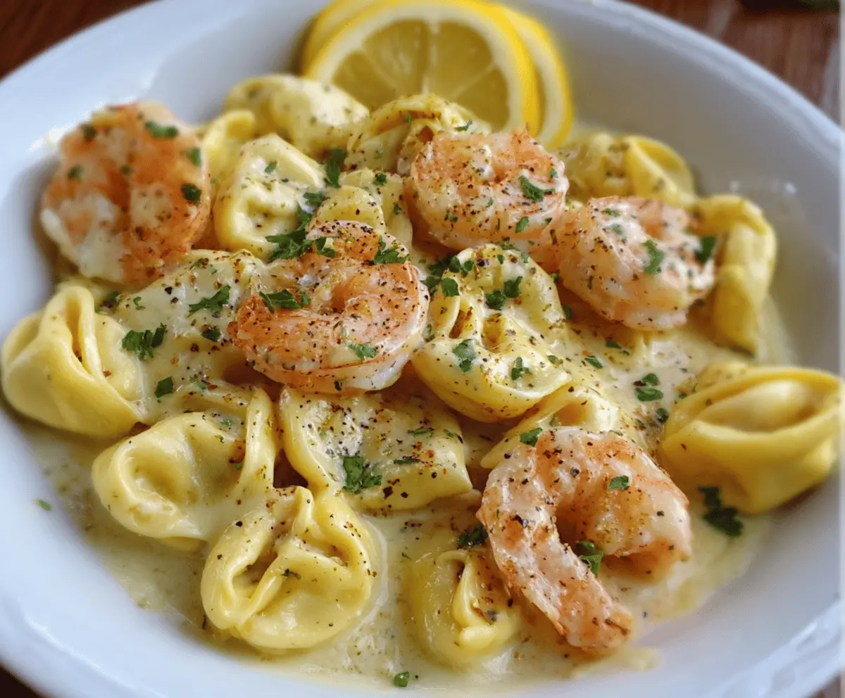Delicious shrimp tortellini in creamy lemon garlic sauce garnished with fresh herbs, served on a white plate