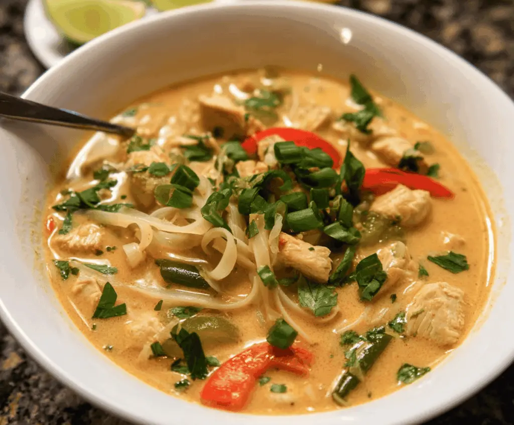 A bowl of steaming Thai chicken soup garnished with fresh herbs, lime, and sliced vegetables, showcasing a flavorful and comforting dish.