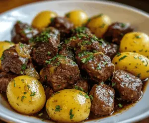 Savory slow cooker garlic butter beef bites with tender potatoes served in a bowl, perfect for a comforting meal