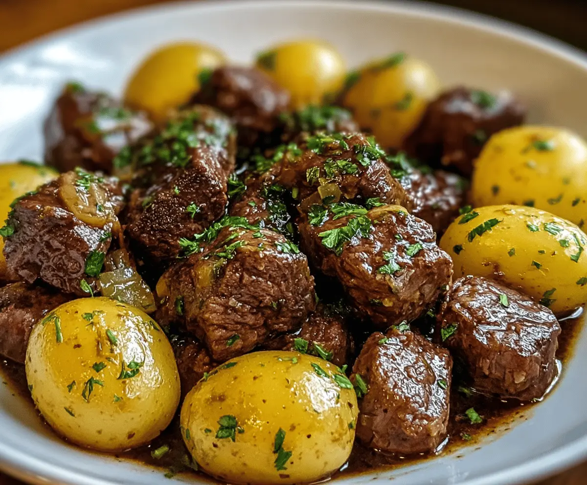 Savory slow cooker garlic butter beef bites with tender potatoes served in a bowl, perfect for a comforting meal