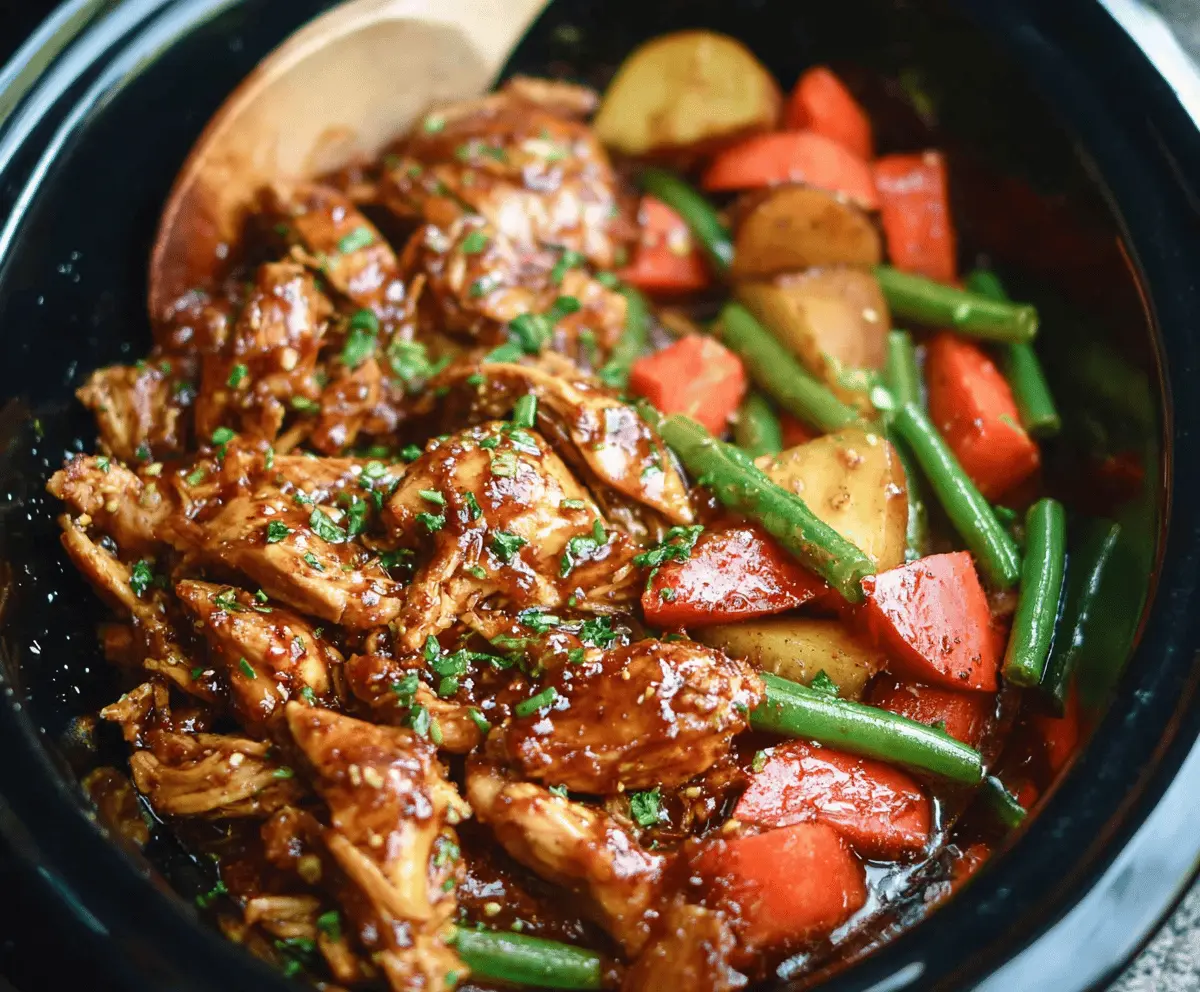 Delicious slow cooker honey garlic chicken with colorful vegetables on a plate, featuring tender meat glazed with honey and garlic sauce