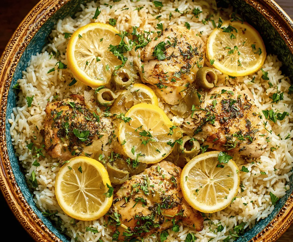 Creamy slow cooker lemon herb chicken and rice dish garnished with fresh herbs on a white plate, perfect for a flavorful and easy dinner