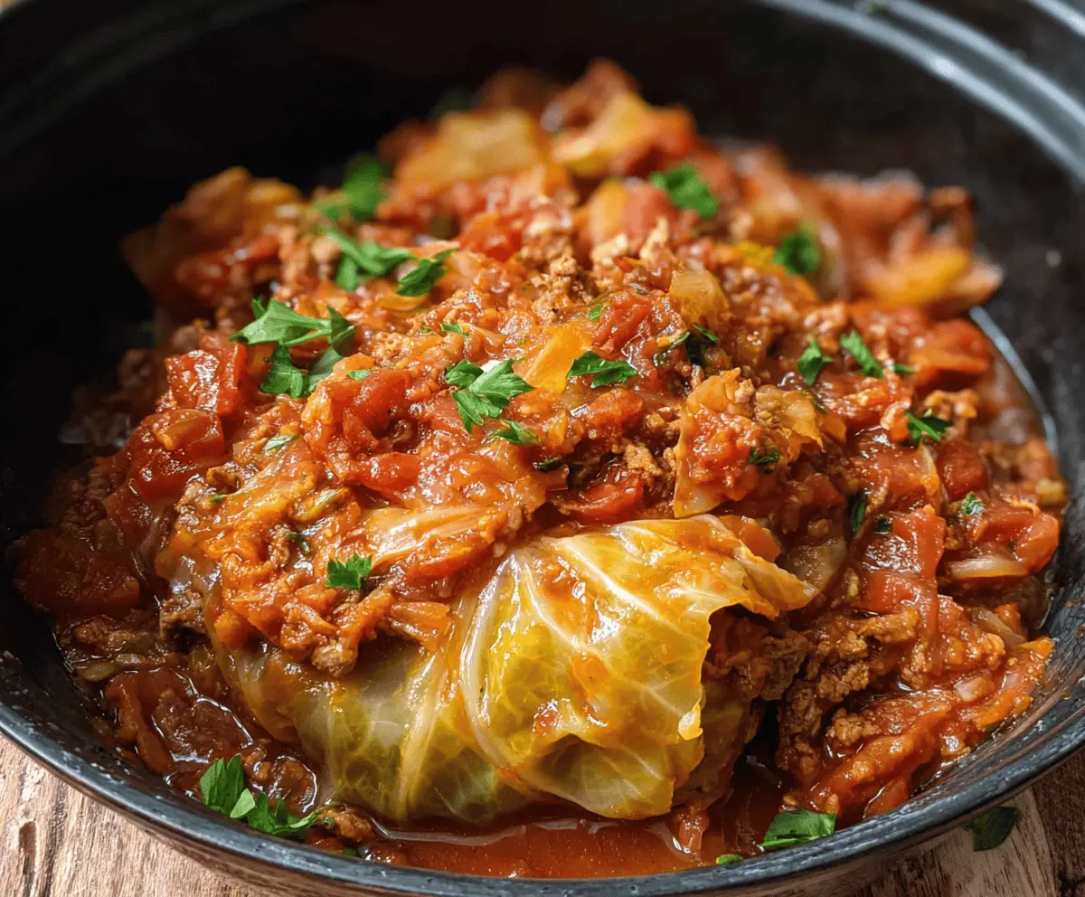 Delicious slow cooker unstuffed cabbage rolls in a savory tomato sauce, served in a bowl with fresh herbs