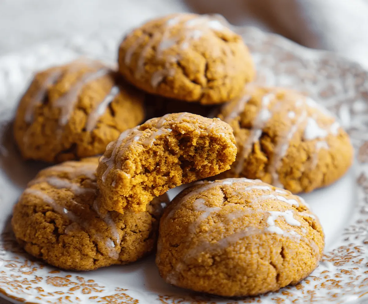 Delicious soft pumpkin pie cookies with cinnamon and whipped cream topping on a plate, perfect for fall desserts