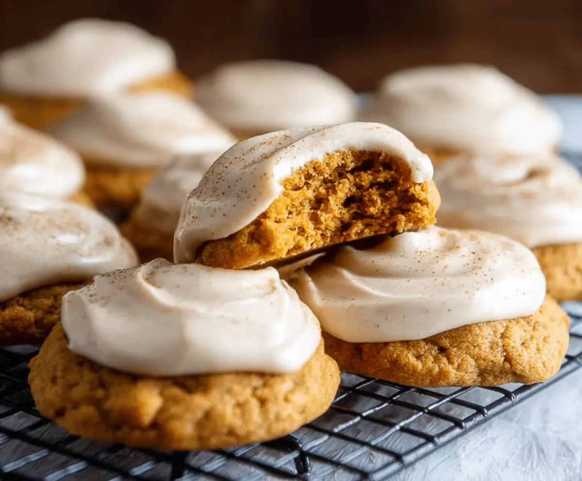 Delicious soft pumpkin cookies topped with creamy cinnamon frosting on a white plate, perfect for fall dessert or holiday treat