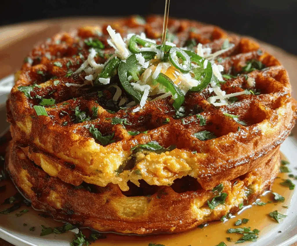 Delicious spicy cheddar jalapeño cornbread waffle on a plate, topped with fresh herbs and melted cheese, perfect for breakfast or brunch