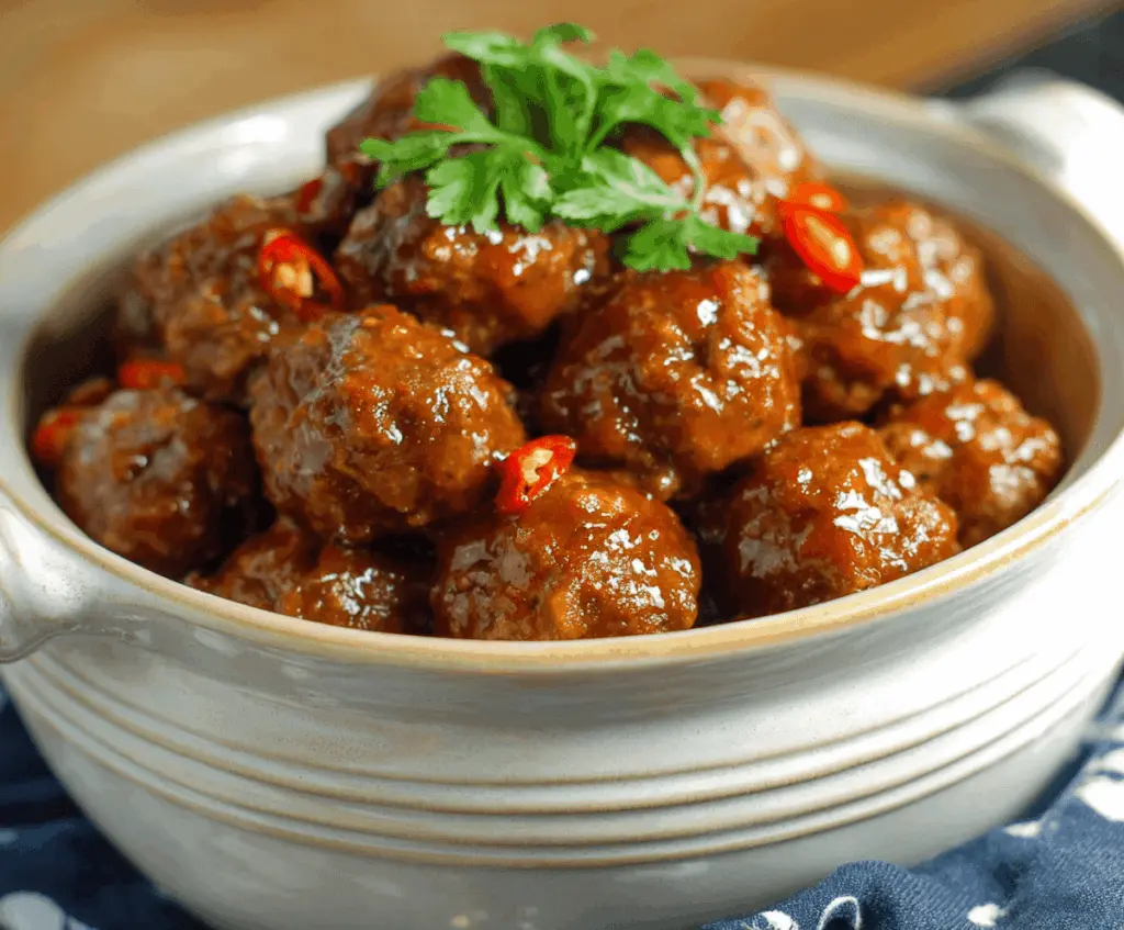 Delicious sweet chili meatballs cooked in a crockpot, garnished with fresh herbs, perfect for easy appetizer or dinner.