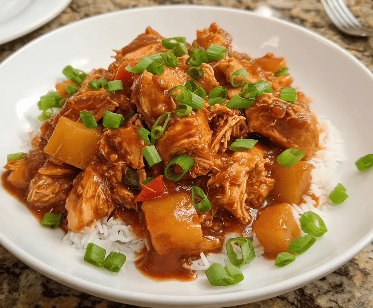 Delicious Sweet Hawaiian Crockpot Chicken served with pineapple and vegetables on a plate