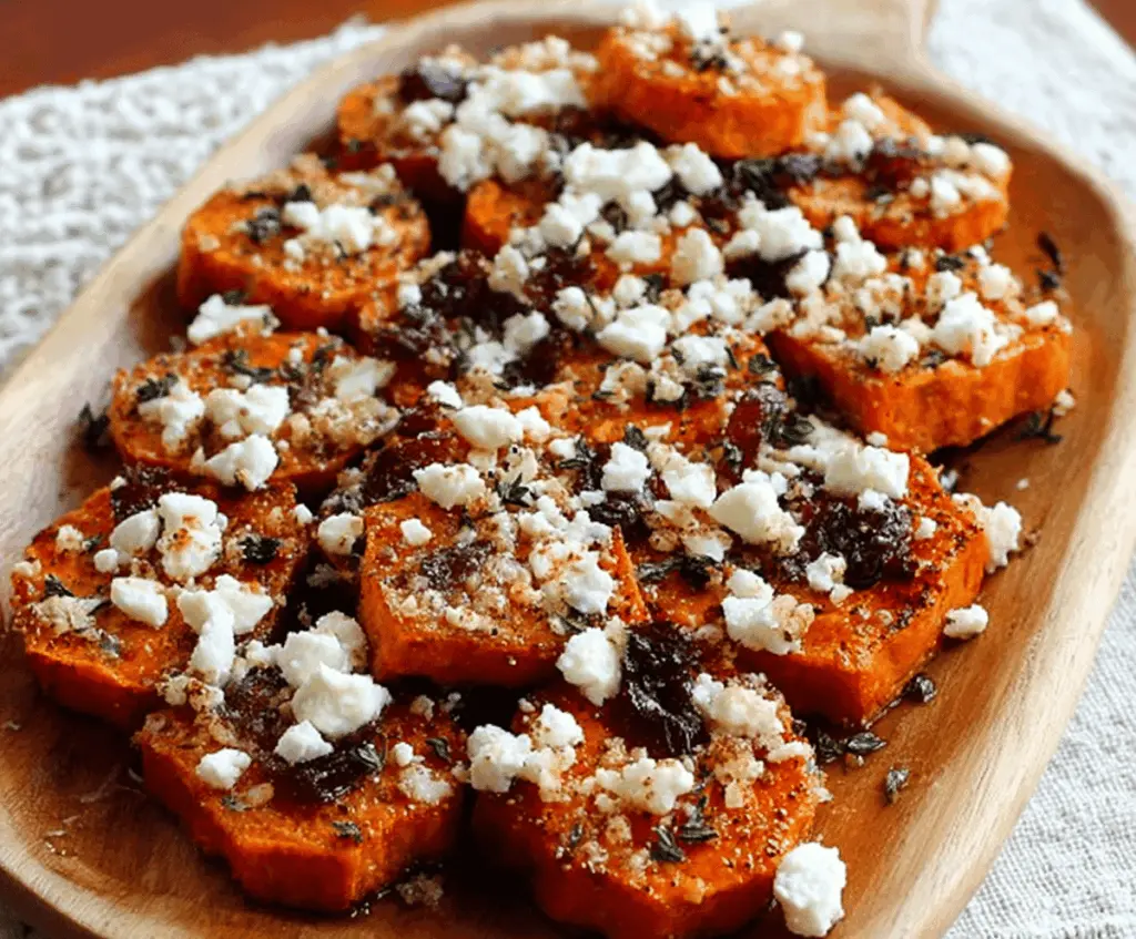 Sweet potato rounds topped with honey and feta crumble, garnished with fresh herbs, served as a delicious appetizer or snack