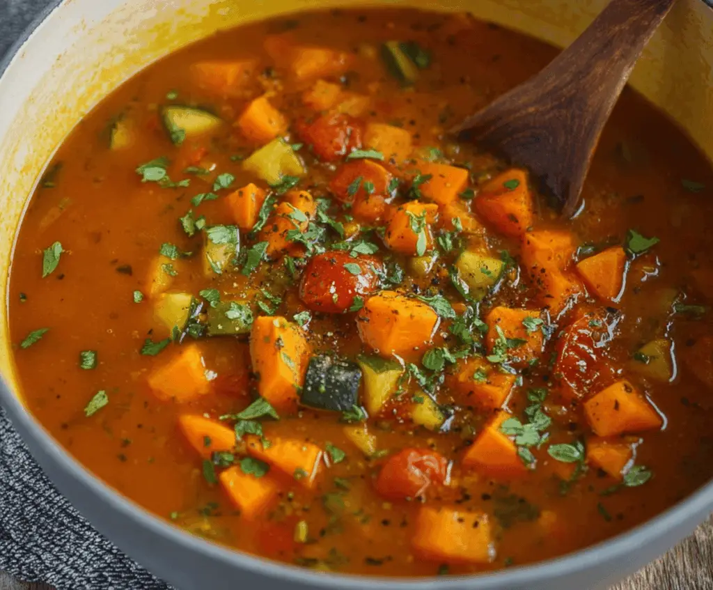 Creamy sweet potato vegetable soup garnished with fresh herbs and served in a rustic bowl, perfect for a healthy, comforting meal.