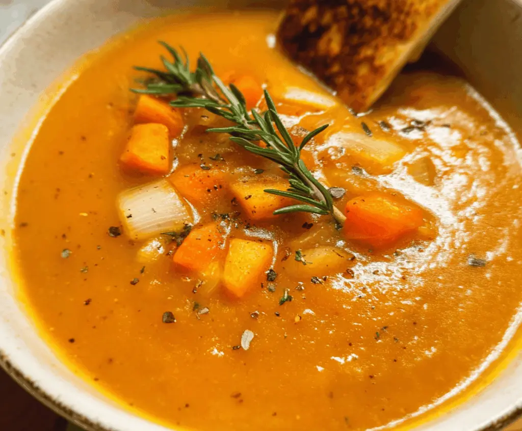 A steaming bowl of hearty roasted winter vegetable soup with colorful root vegetables and fresh herbs, perfect for cold weather.