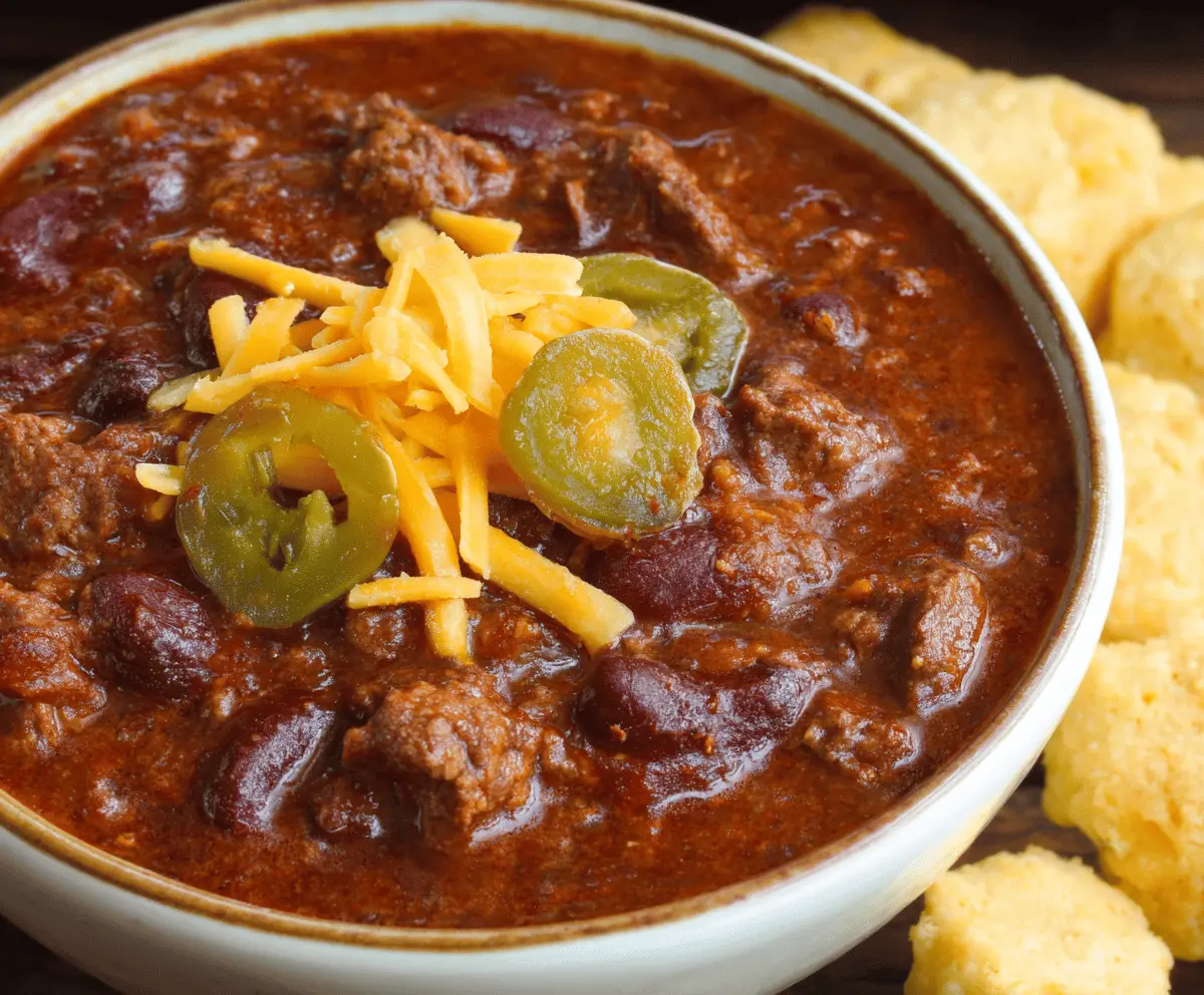 Delicious Texas Roadhouse-style chili with or without beans in a bowl, topped with shredded cheese and fresh herbs