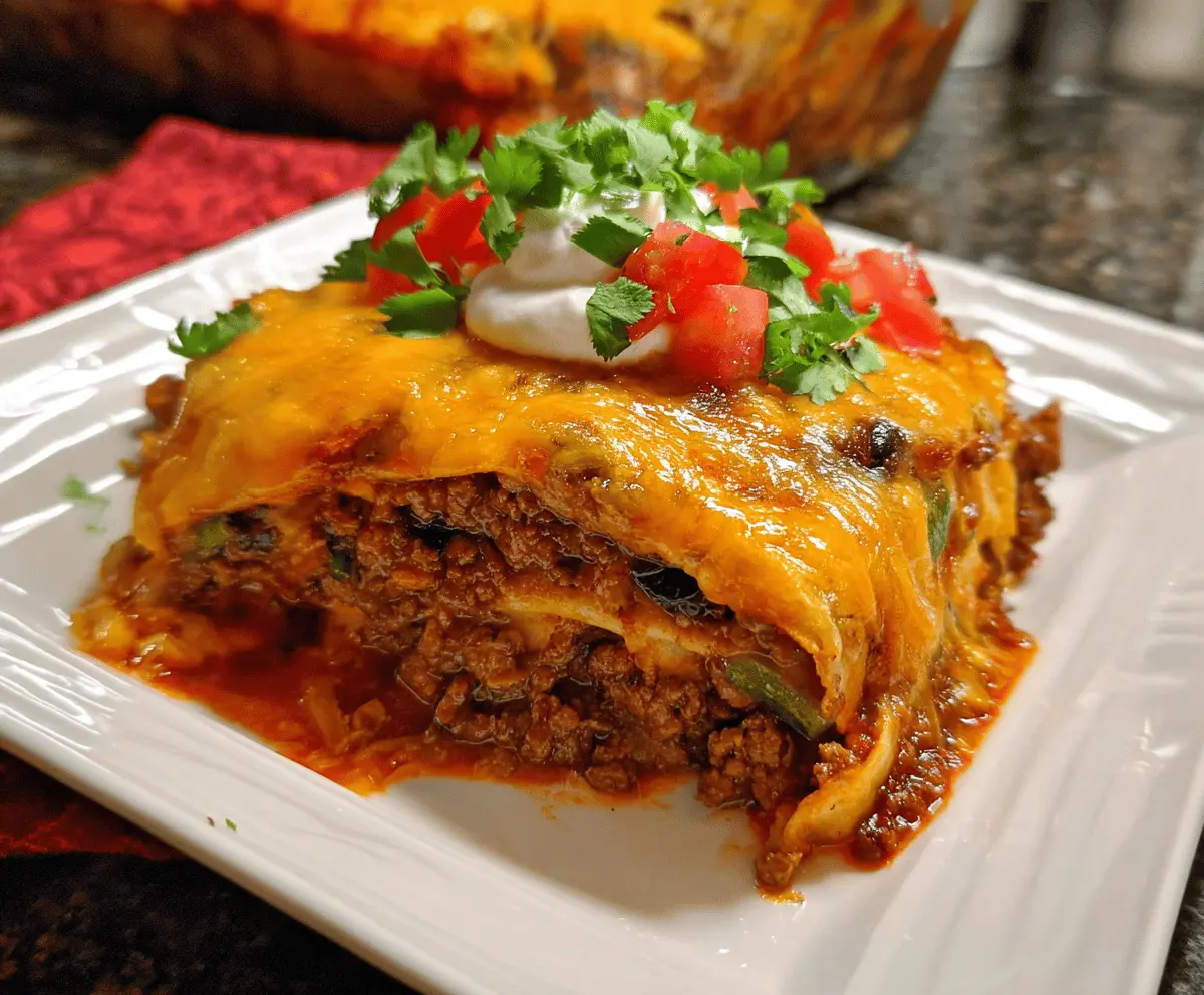 Delicious Beef Enchilada Casserole with melted cheese, seasoned beef, and crispy tortilla layers, served hot on a plate