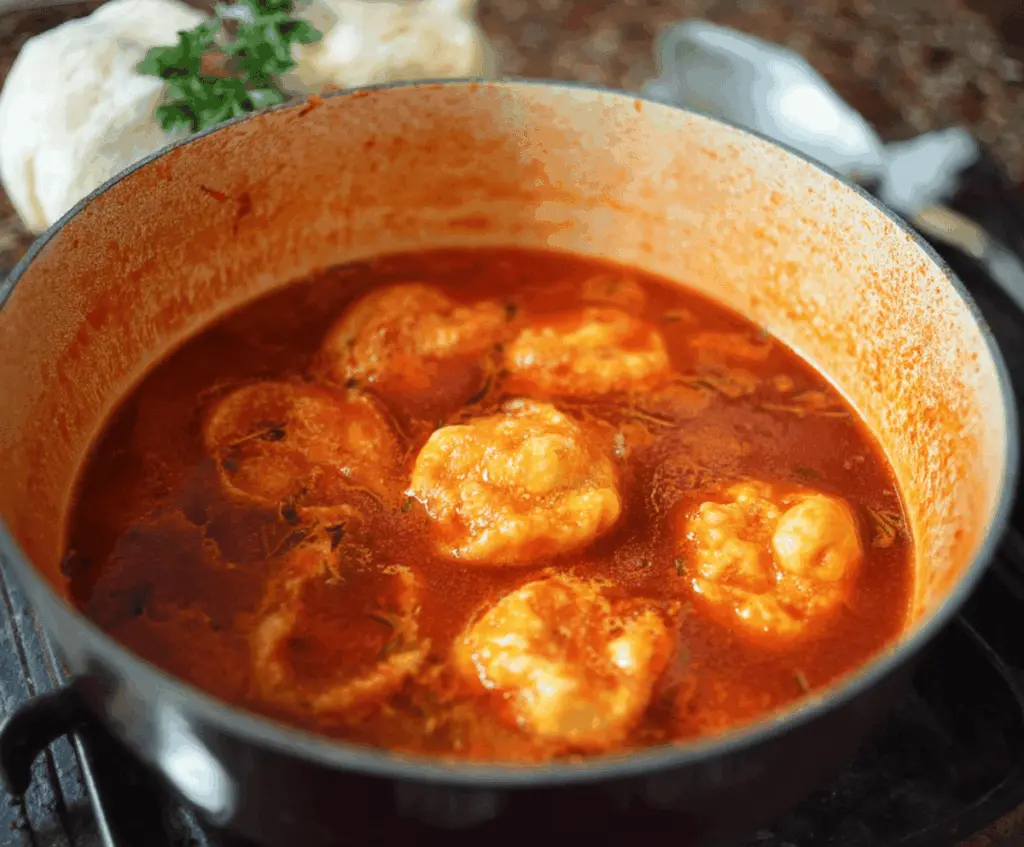 A bowl of creamy tomato soup topped with melted cheese dumplings, garnished with fresh herbs, served in a rustic bowl for a comforting and flavorful meal.