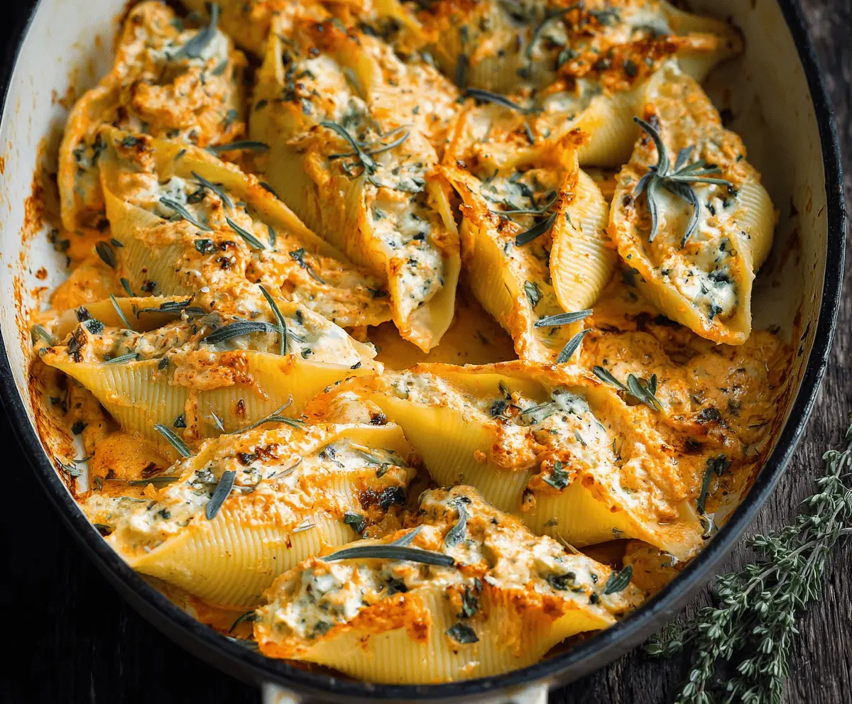 Delicious vegan pumpkin ricotta stuffed shells garnished with fresh herbs on a white plate, perfect for a cozy fall meal.