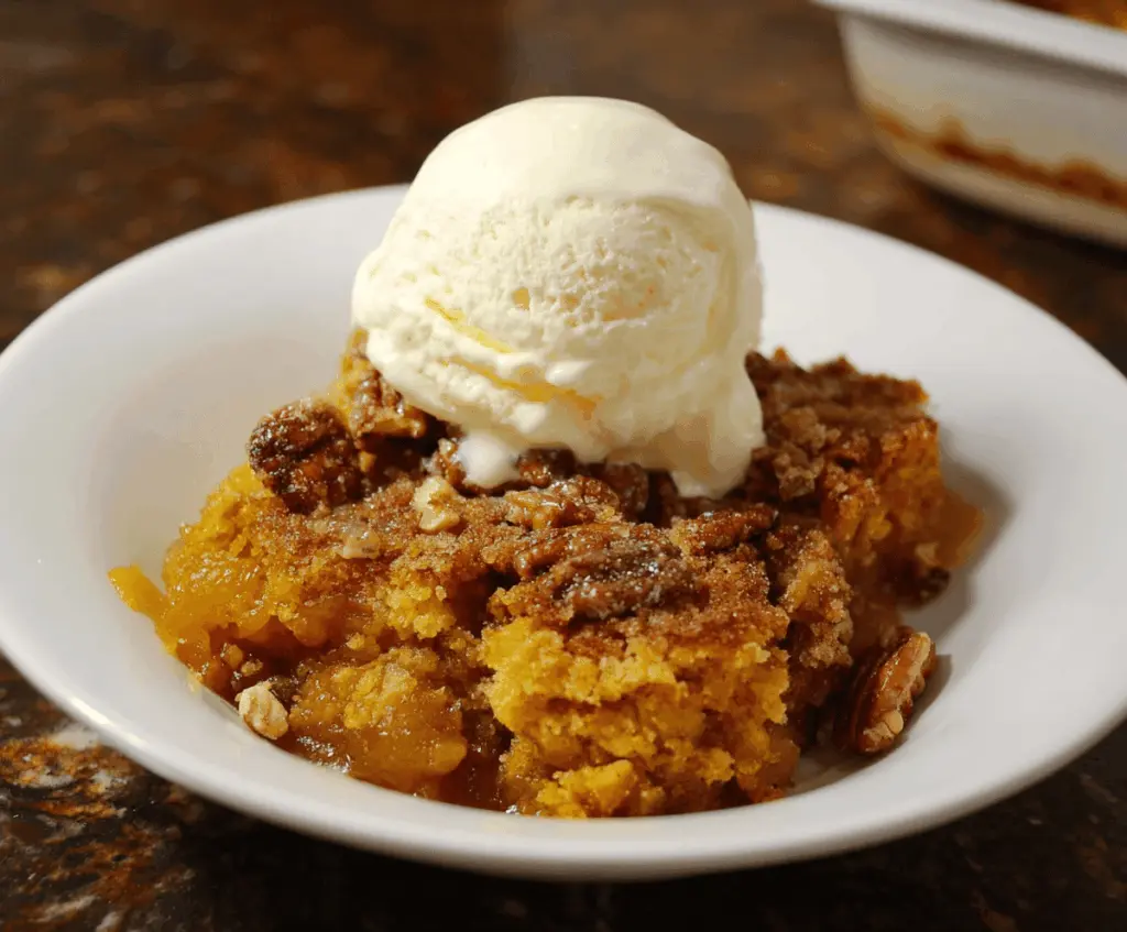 Delicious warm pumpkin cobbler topped with whipped cream, perfect for fall desserts and seasonal baking.