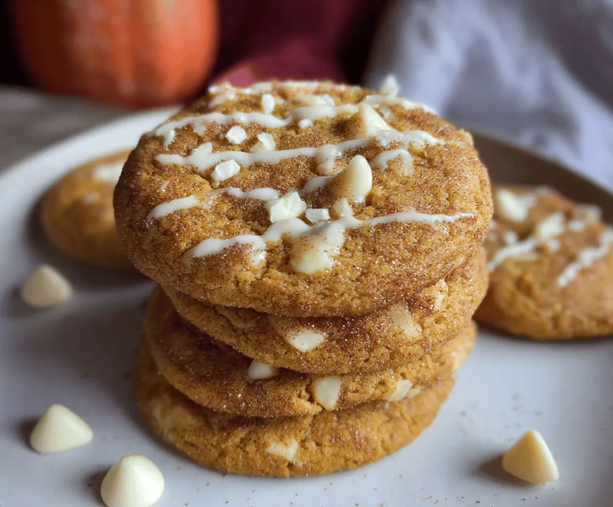 Creamy white chocolate pumpkin snickerdoodle cookies topped with cinnamon sugar on a rustic wooden surface, perfect for fall desserts.