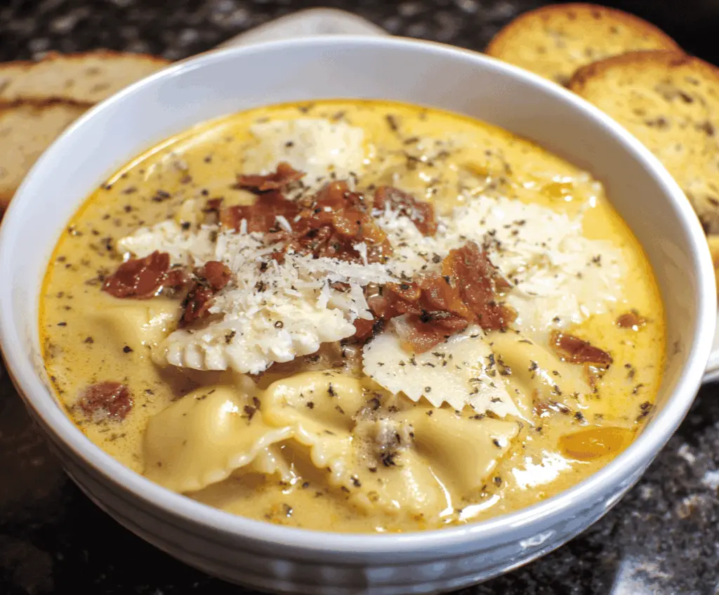 Creamy white lasagna soup with ricotta cheese, mozzarella, and fresh basil served in a bowl, perfect for cozy comfort meals