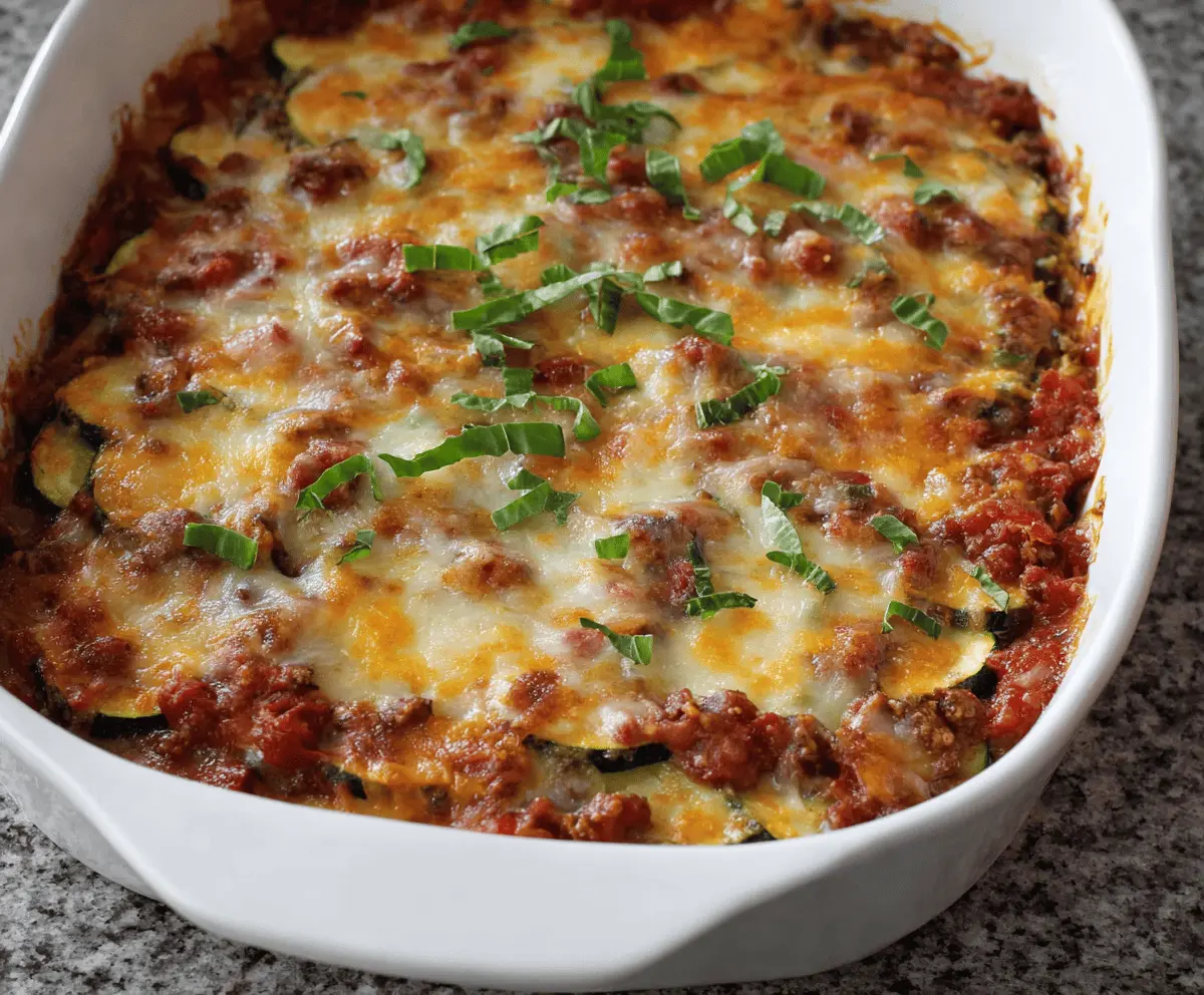Delicious zucchini pizza casserole topped with melted cheese and fresh herbs, served in a baking dish, perfect for a healthy and cheesy dinner.