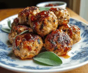 Juicy apple and sage turkey meatballs served on a plate, garnished with fresh herbs and sliced apples, perfect for a healthy meal.