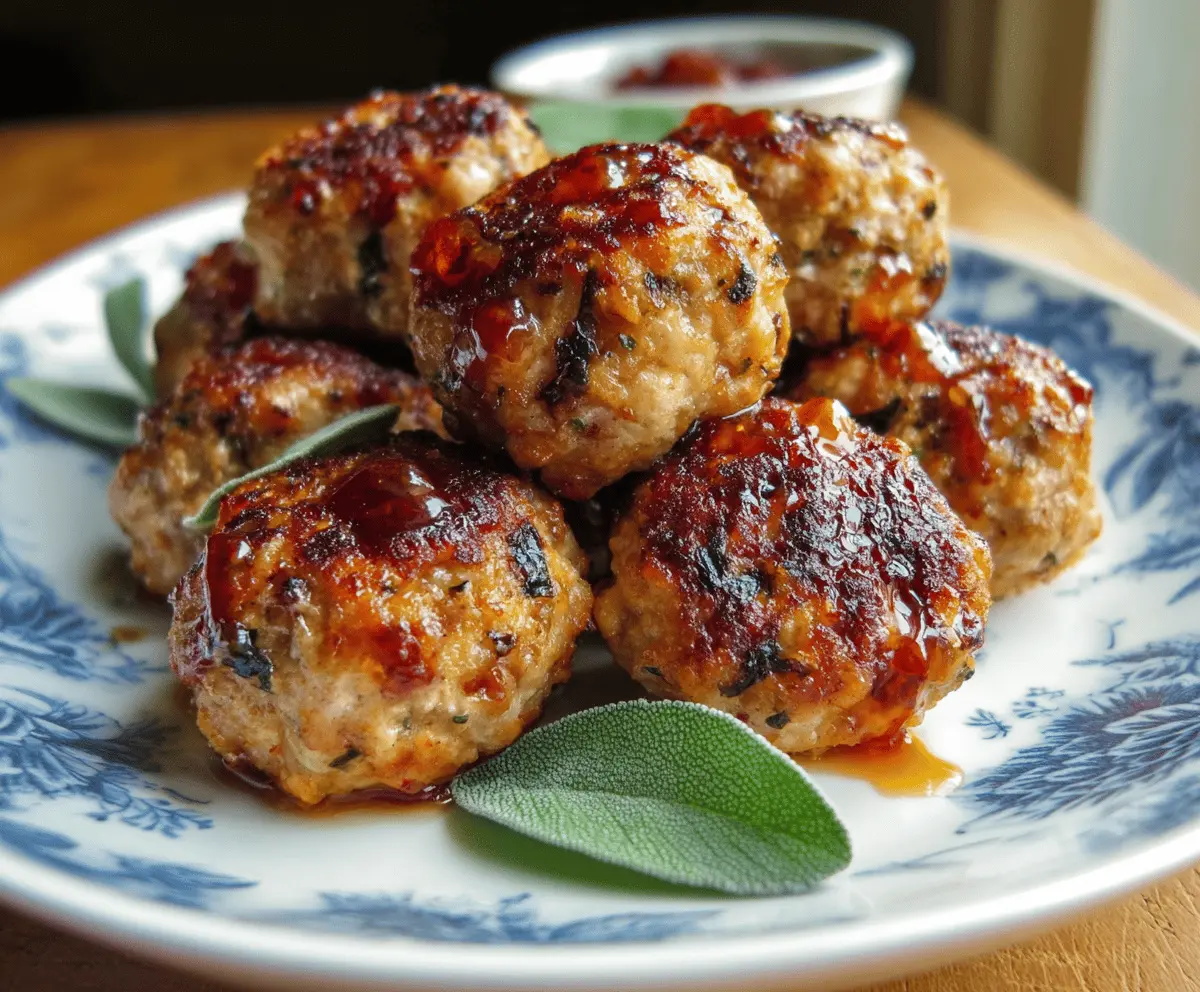 Juicy apple and sage turkey meatballs served on a plate, garnished with fresh herbs and sliced apples, perfect for a healthy meal.