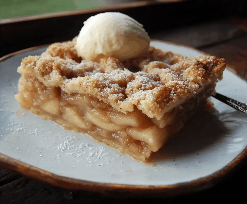 Golden-brown apple slab pie topped with flaky crust and cinnamon, sliced to reveal juicy apple filling, perfect for fall desserts.