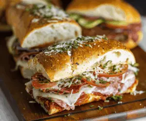 Delicious baked Italian grinder sandwiches filled with deli meats, melted cheese, and fresh vegetables, served hot and ready to enjoy