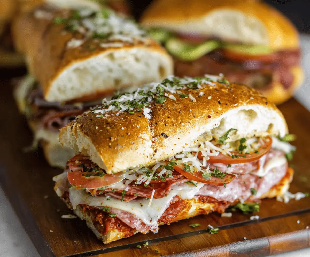 Delicious baked Italian grinder sandwiches filled with deli meats, melted cheese, and fresh vegetables, served hot and ready to enjoy