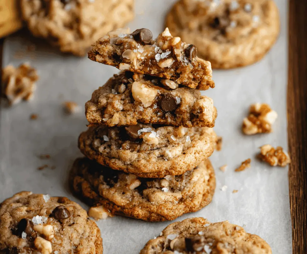 Delicious homemade banana bread cookies with ripe bananas, nuts, and chocolate chips on a baking tray