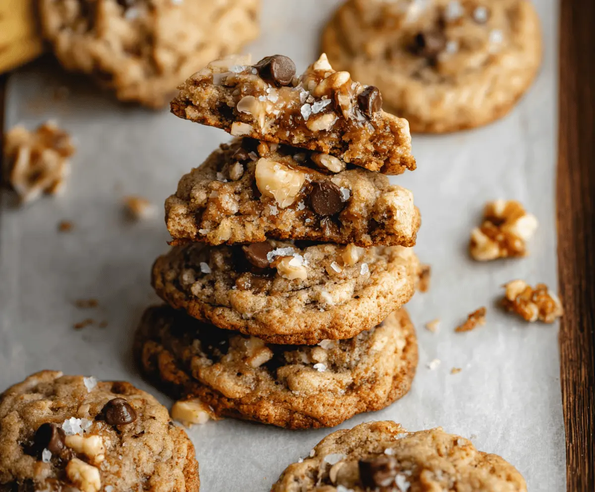 Delicious homemade banana bread cookies with ripe bananas, nuts, and chocolate chips on a baking tray