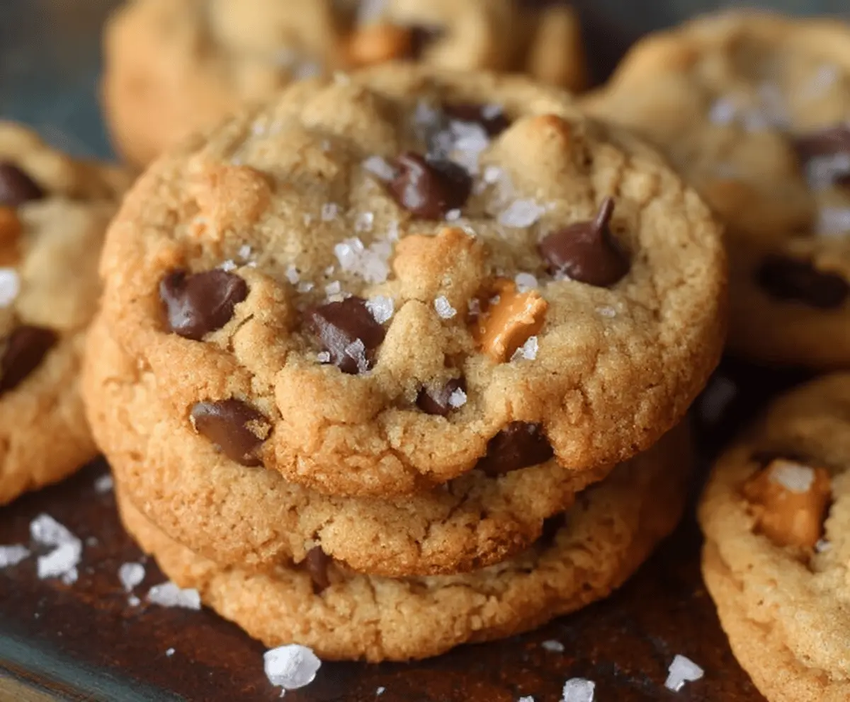 Golden, freshly baked butterscotch chocolate chip cookies topped with a sprinkle of sea salt on a rustic plate, showcasing the delicious homemade treat