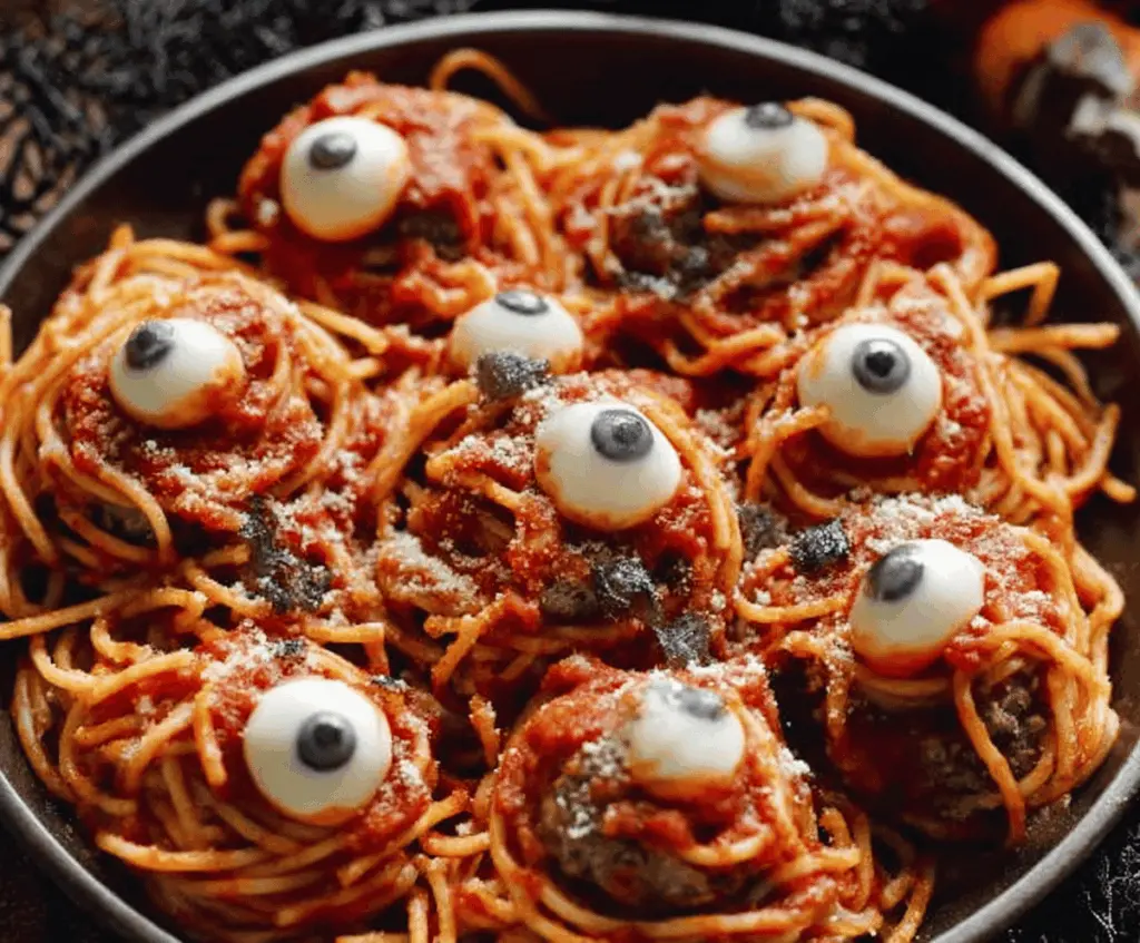 Bloody Spaghetti with Mozzarella Eyeballs (Halloween Pasta)