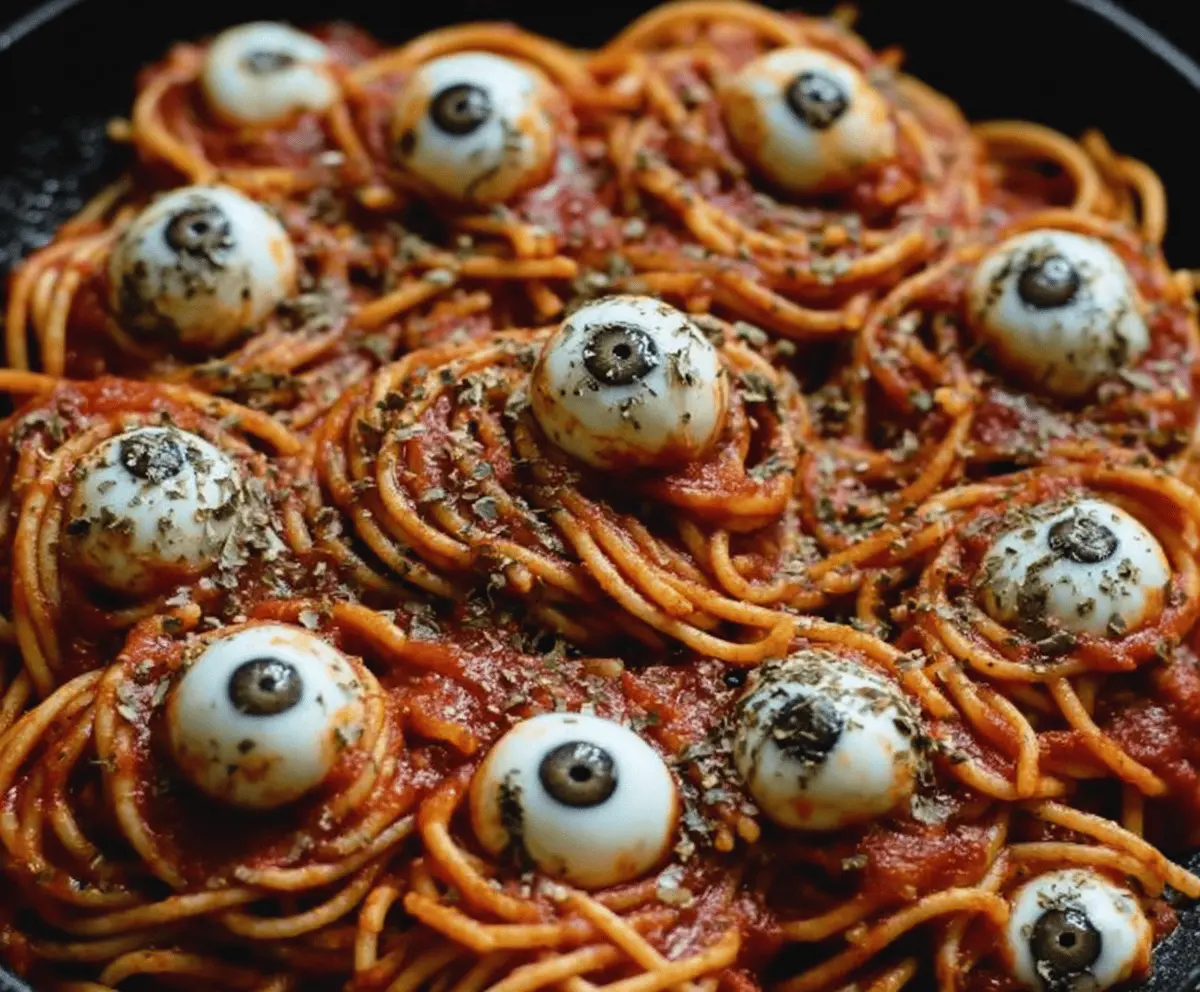 Spooky Bloody Spaghetti with Mozzarella Eyeballs - Easy Halloween Pasta Recipe