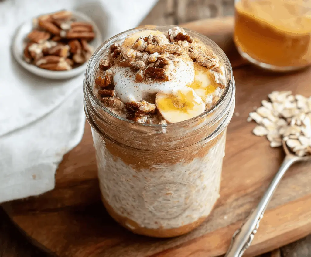 Creamy brown sugar overnight oats in a glass jar topped with fresh fruit and a drizzle of honey for a delicious and nutritious breakfast