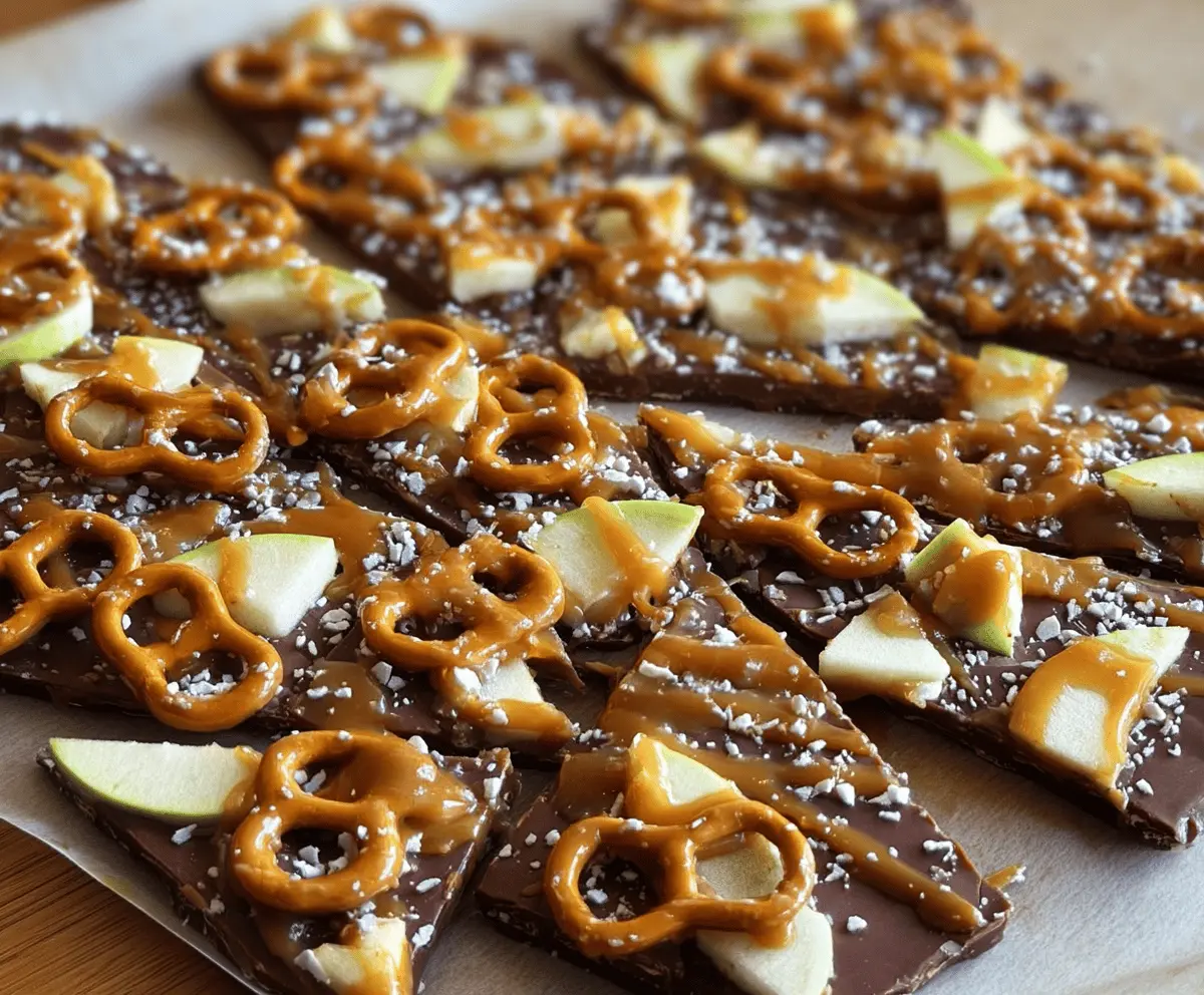 Sweet caramel apple bark with colorful apple pieces and crunchy toffee topping on a rustic wooden surface.