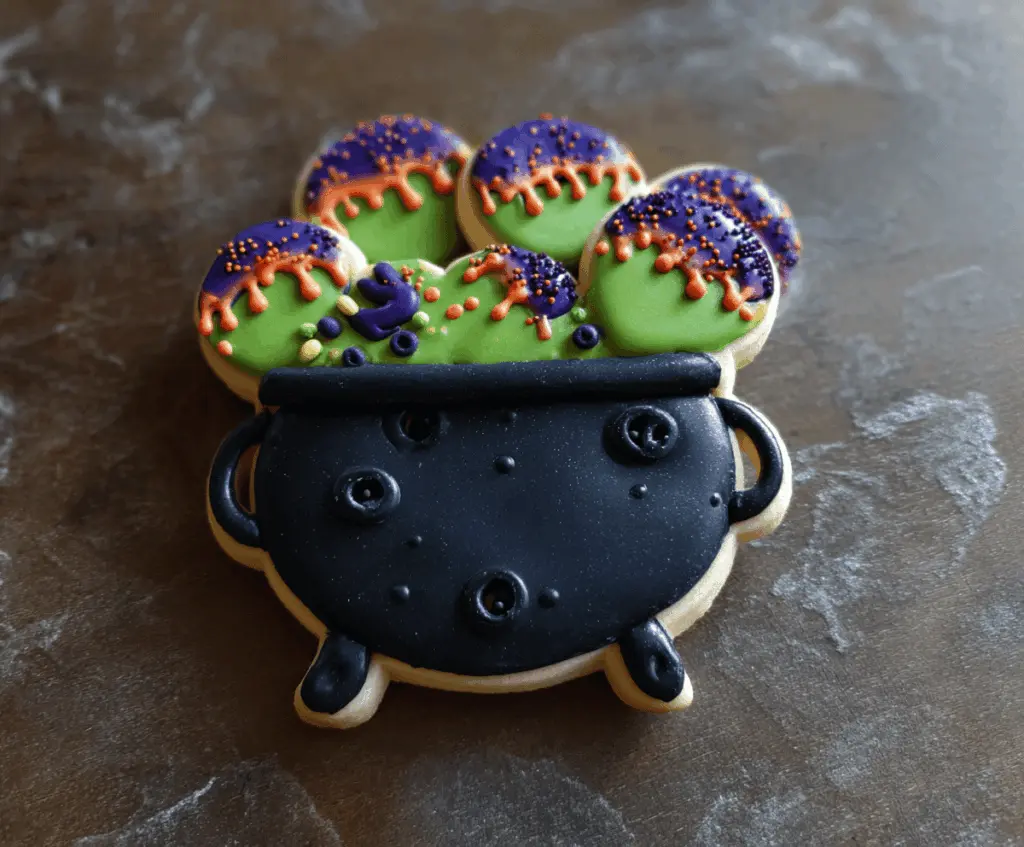 Delicious homemade cauldron cookies with spooky Halloween decorations and colorful icing, perfect for a festive treat.