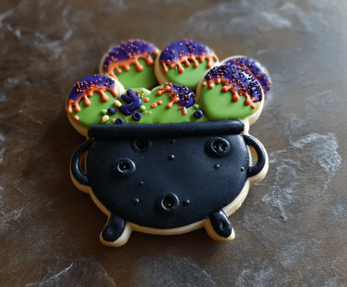 Delicious homemade cauldron cookies with spooky Halloween decorations and colorful icing, perfect for a festive treat.