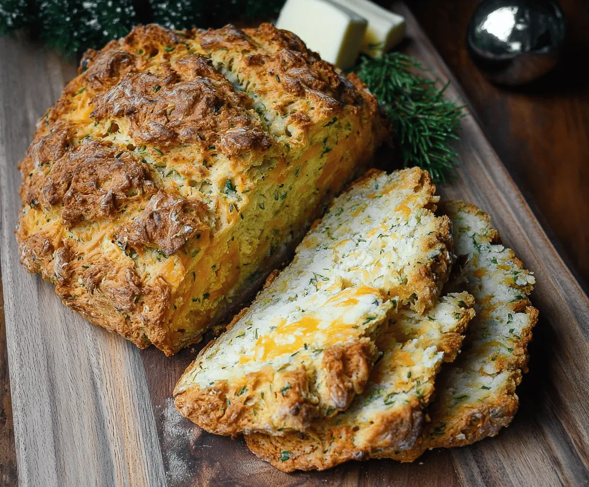 Golden homemade Cheddar and Herb Soda Bread topped with melted cheese and fresh herbs, perfect for a savory breakfast or snack.