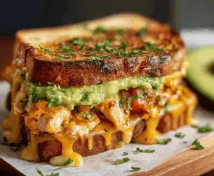 Delicious cheesy chicken avocado melt sandwich topped with melted cheese and fresh avocado slices, perfect for a flavorful meal.