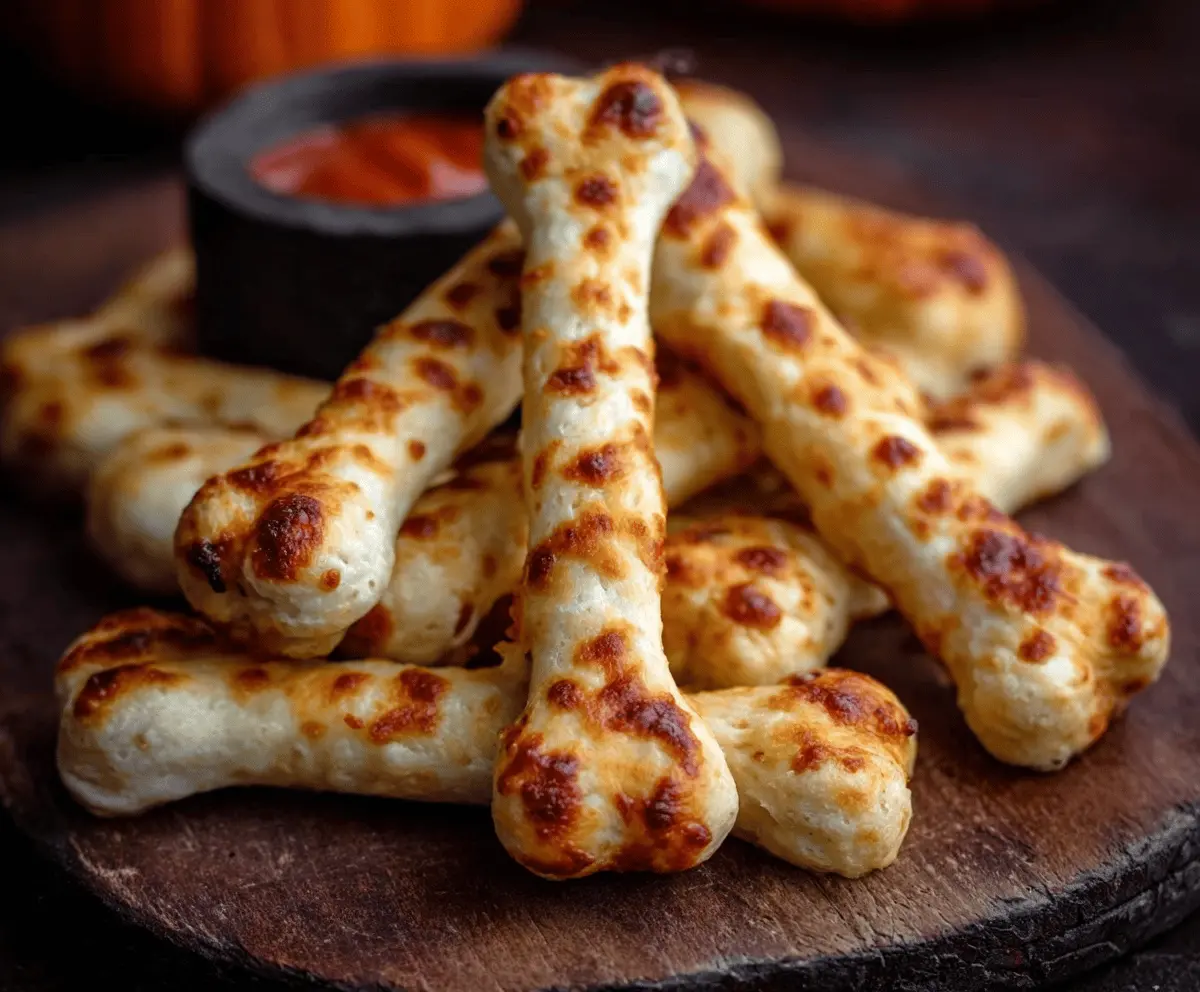 Cheesy Halloween breadstick bones decorated for spooky festivities, perfect for Halloween party snacks.