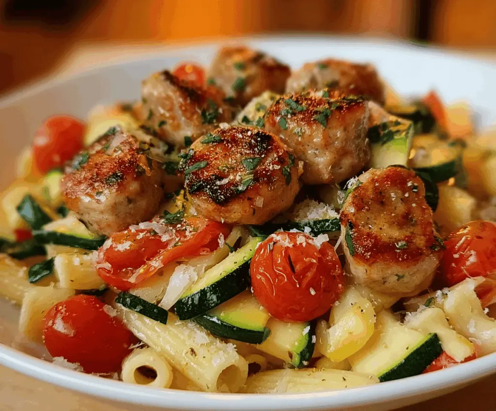 Chicken Sausages with Zucchini, Tomatoes, and Pasta