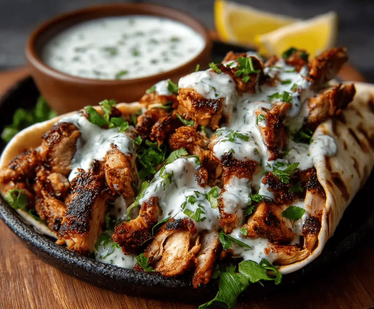 Delicious homemade Chicken Shawarma served with creamy garlic sauce on a plate, garnished with fresh herbs and vegetables.