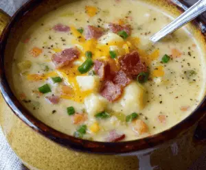 Creamy classic Old Fashioned Loaded Potato Soup garnished with cheese, bacon, green onions, and sour cream in a bowl